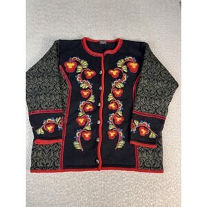Vrikke Cardigan Sweater Womens Large Black Multicolor Embroidered Wool Floral